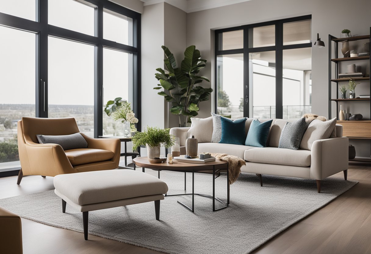 A modern living room with sleek furniture, neutral color palette, and pops of vibrant accents. Large windows allow natural light to fill the space, creating a warm and inviting atmosphere