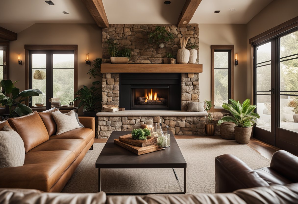 A cozy living room with warm, earthy tones, plush seating, and natural light streaming in through large windows. A fireplace adds a touch of warmth, while potted plants and intricate decor pieces bring a sense of tranquility to the space