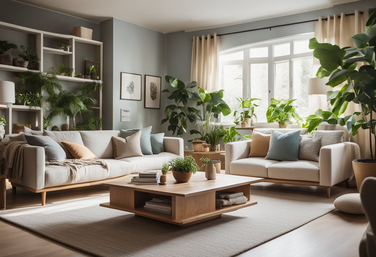 A cozy living room with natural light, plants, and comfortable furniture. Soft, calming colors and textures promote relaxation and mindfulness
