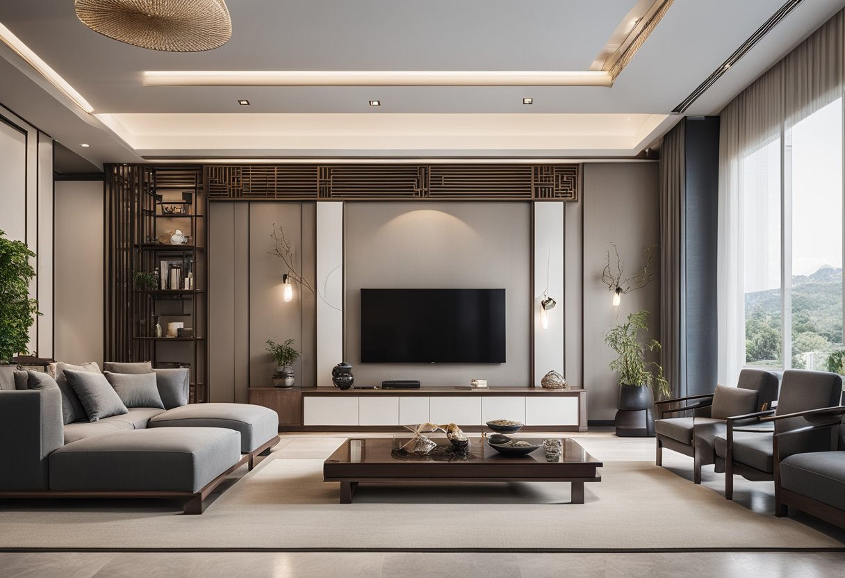 A modern Chinese living room with sleek furniture, traditional artwork, and a minimalist color palette