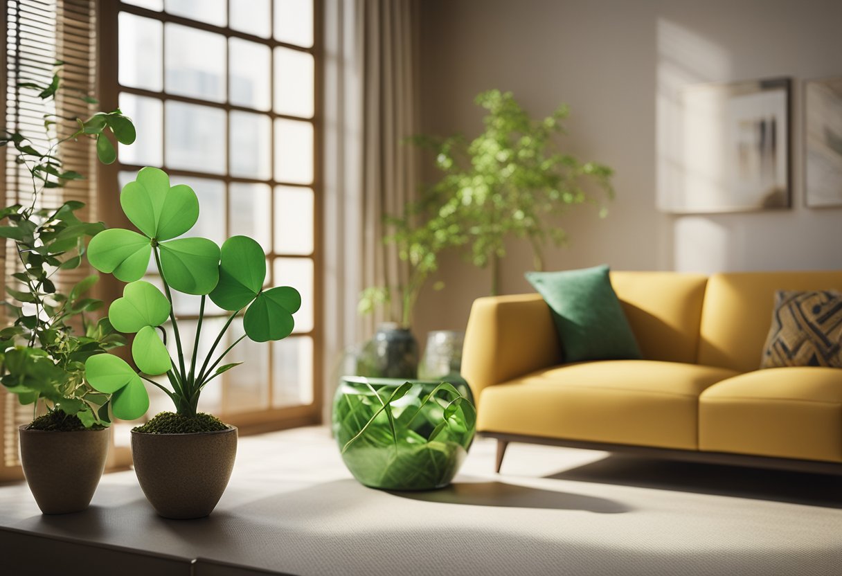 A room with vibrant colors and natural light, featuring horseshoe decor, four-leaf clover motifs, and a lucky bamboo plant. Feng shui elements promote positive energy flow