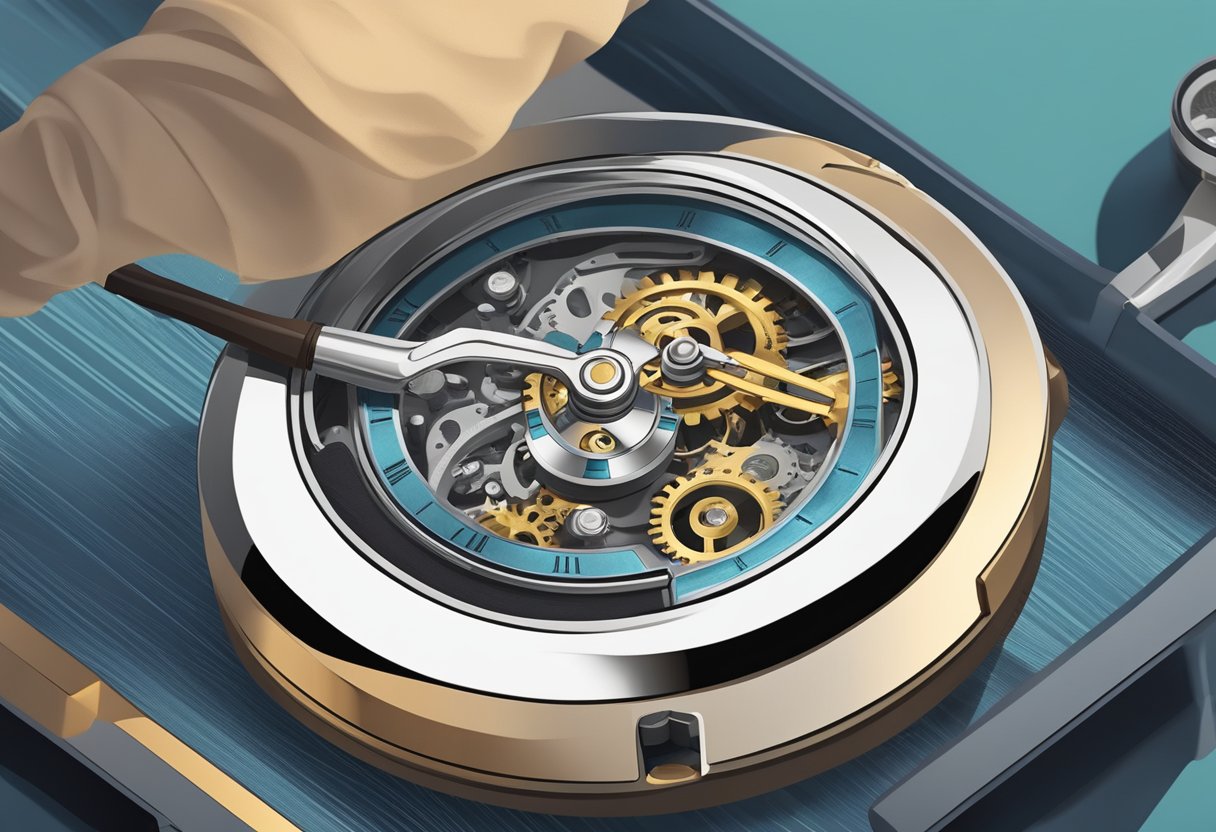 A watch being gently cleaned with a soft cloth and a small brush, with a magnified view of the intricate parts and gears inside