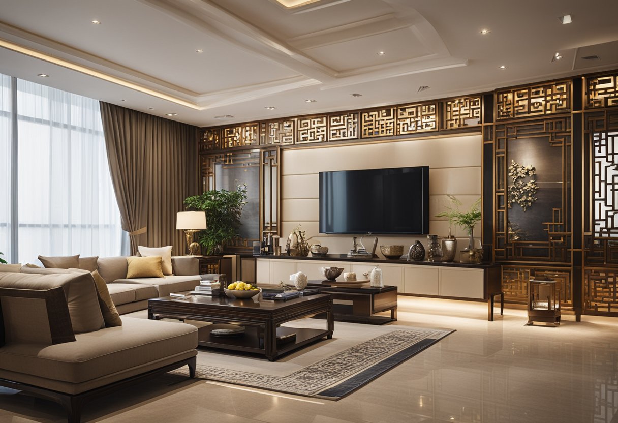A modern Chinese interior design with FAQs displayed on a screen