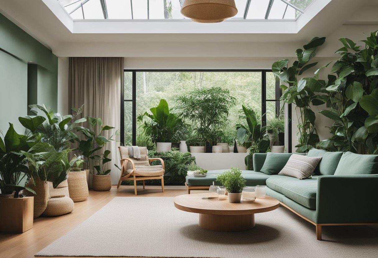 A cozy living room with natural light, green plants, and comfortable furniture arranged for relaxation and social interaction