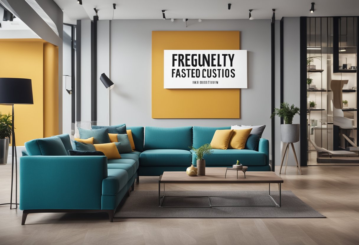 A stylish interior with a modern color palette and sleek furniture. A large "Frequently Asked Questions" sign on the wall