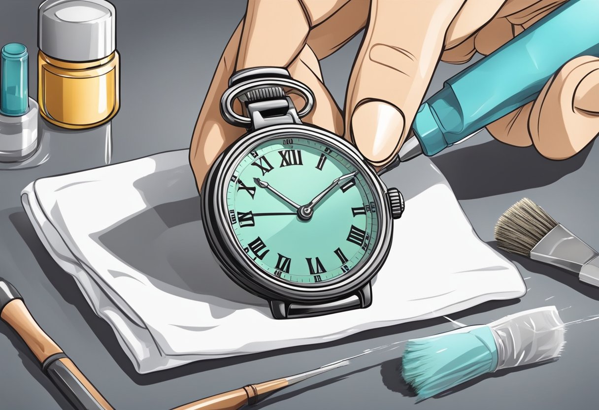 A watch being gently wiped with a soft cloth, then polished with a watch cleaning solution. A small brush is used to clean any dirt or debris from the crevices