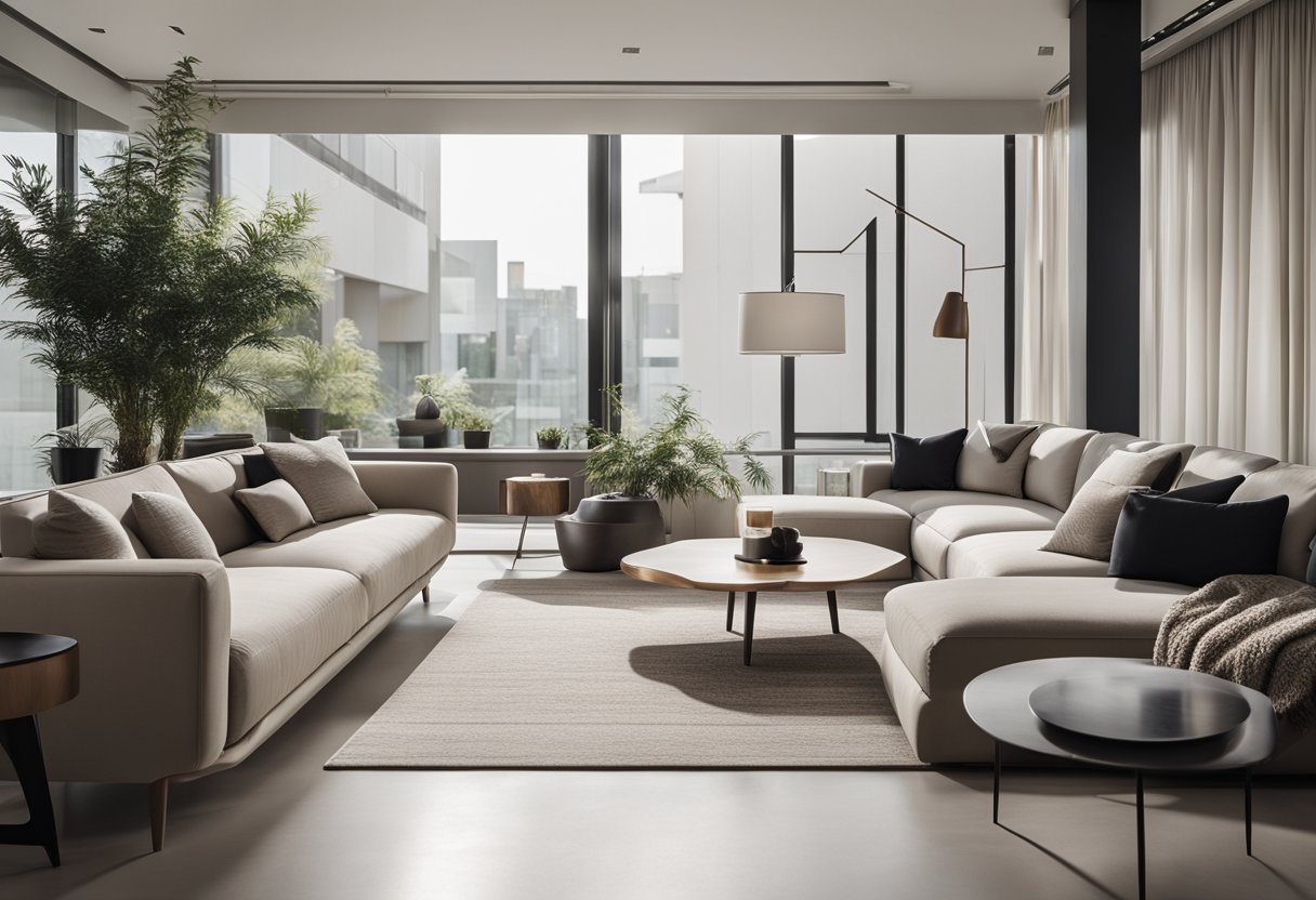 A modern, minimalist interior with sleek furniture and elegant decor. Clean lines, neutral colors, and natural light create a welcoming and sophisticated atmosphere