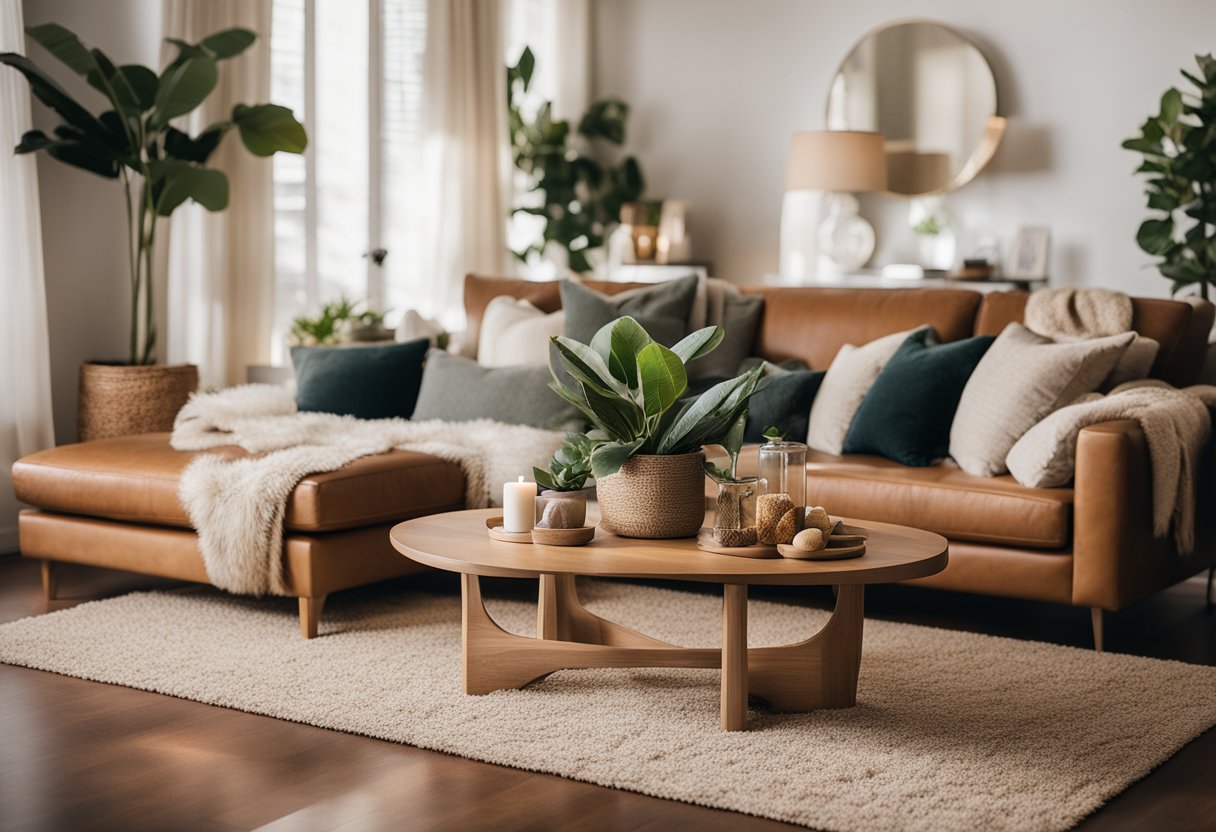 A cozy living room with warm, earthy tones, plush furniture, and soft lighting. A large, inviting rug anchors the space, while potted plants and art add a touch of nature and personality