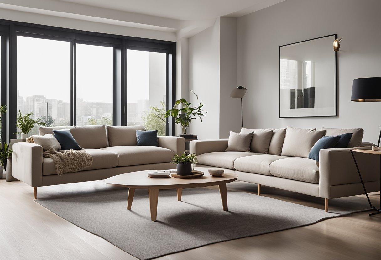 A modern, minimalist living room with sleek furniture and clean lines. A large window lets in natural light, illuminating the neutral color palette and adding a sense of spaciousness