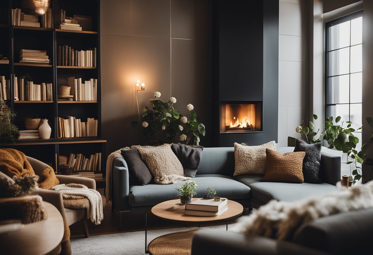 A cozy living room with a large, plush sofa, soft throw blankets, and a warm, glowing fireplace. A bookshelf filled with books and decorative items adds a touch of sophistication to the space