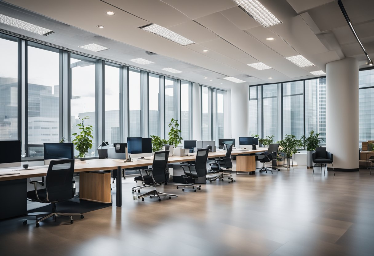 A modern office space with sleek furniture, clean lines, and pops of vibrant color. Large windows let in natural light, creating a bright and inviting atmosphere