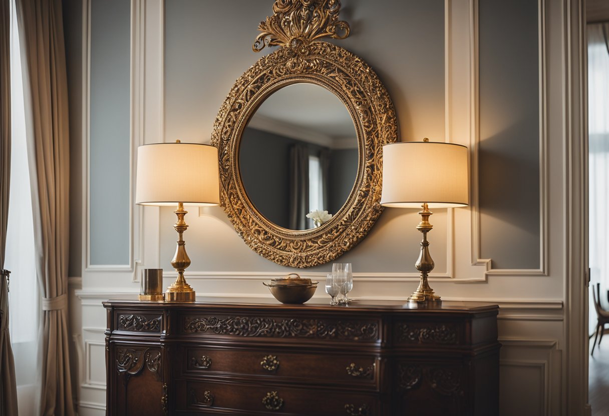 A large ornate mirror hangs above a wooden sideboard in a dining room. The mirror reflects the elegant chandelier and the stylish decor of the room