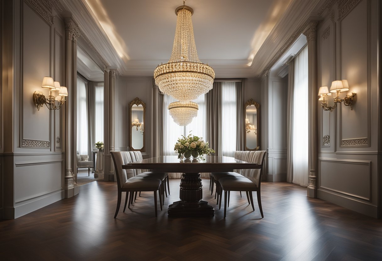 A large, ornate mirror hangs above a polished wooden dining table, reflecting the elegant chandelier and intricate wall sconces in a spacious dining room