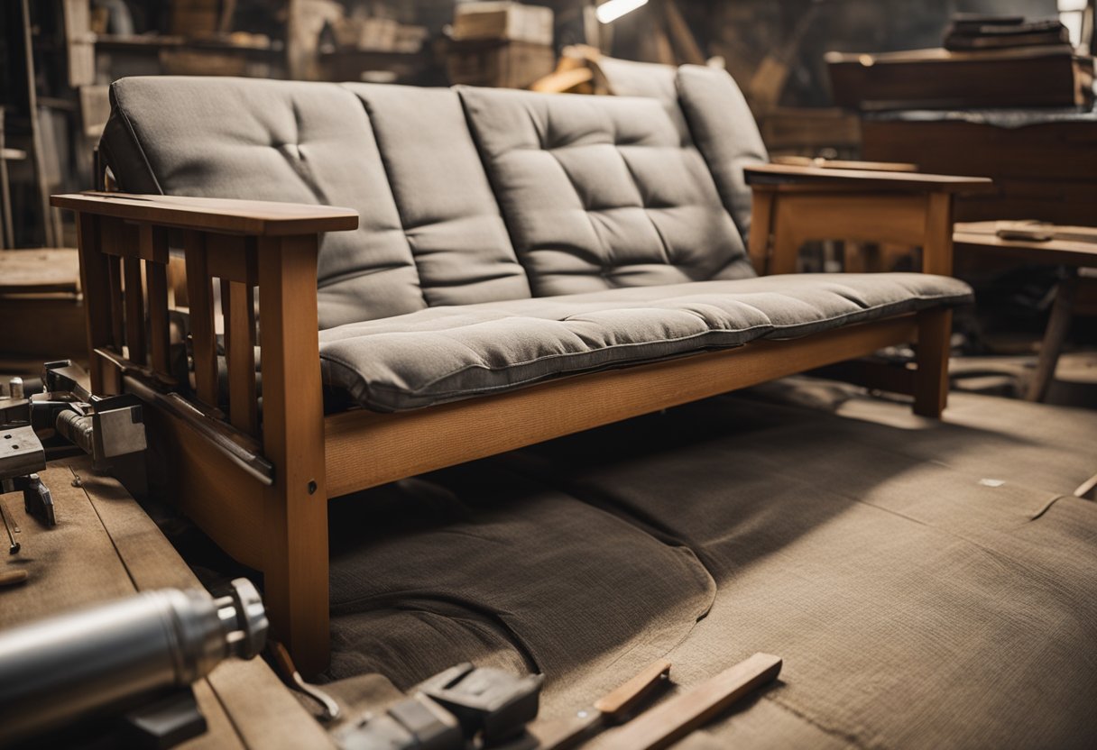 A worn futon is being repaired and refurbished, with tools and materials scattered around the work area. The futon is being carefully restored to its former glory