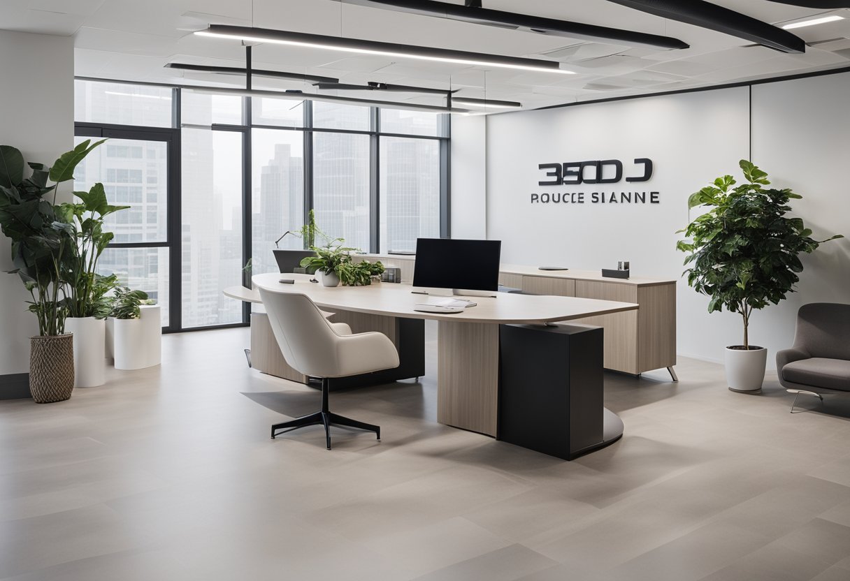 A modern, minimalist office space with sleek furniture, neutral color palette, and clean lines. A large wall display showcases the company's logo and slogan