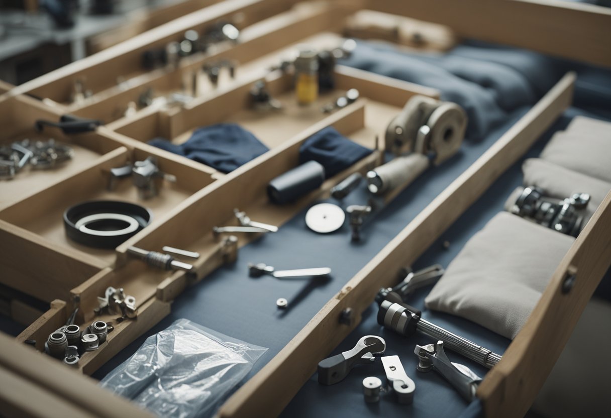 A futon being repaired and refurbished, with tools and materials laid out on a workbench. A technician carefully working on the frame and fabric