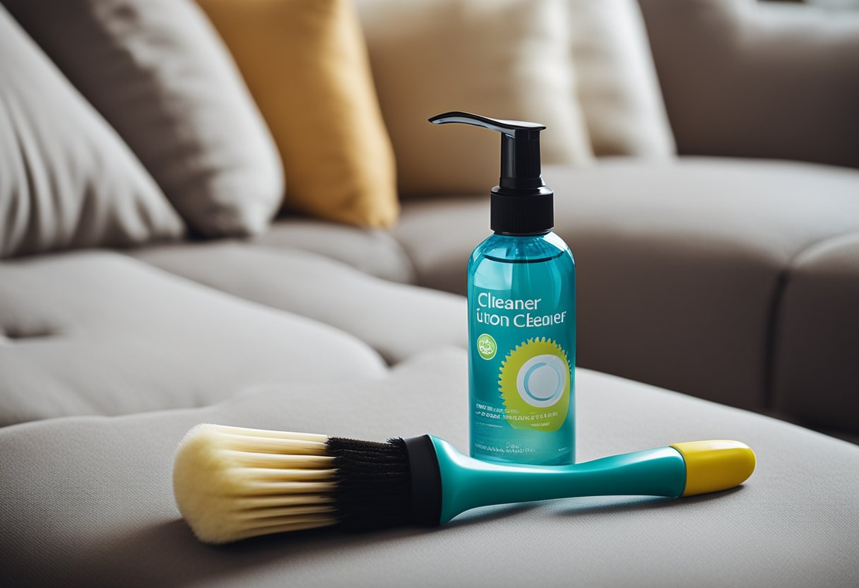 A bottle of futon cleaner and a brush on a clean, well-maintained futon