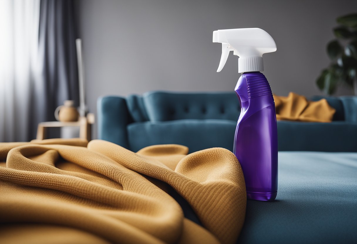 A bottle of fabric cleaner sprays onto a futon with a scrub brush nearby. A vacuum and dusting cloth sit nearby