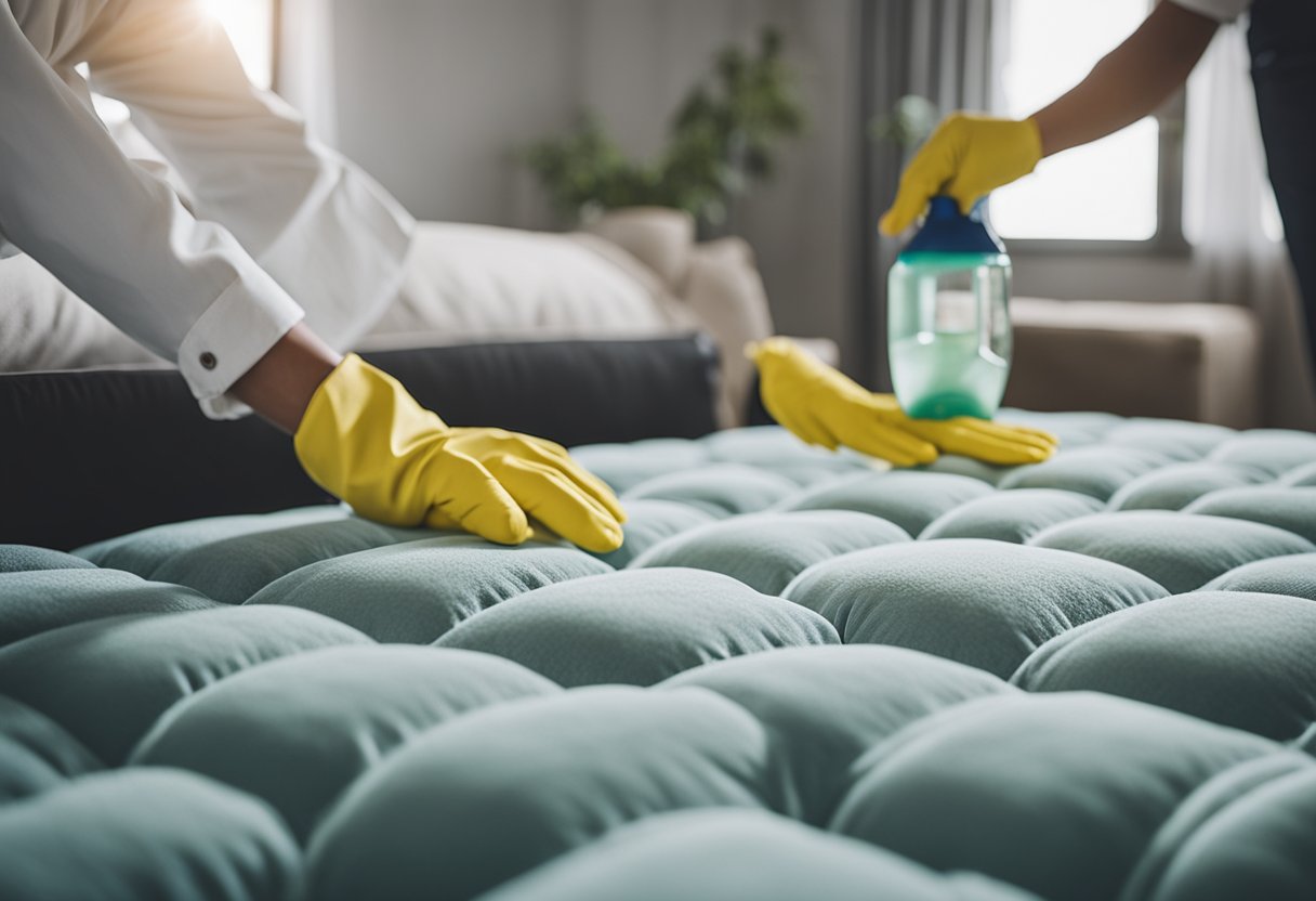 A person using cleaning products to deep clean a futon with detailed maintenance strategies