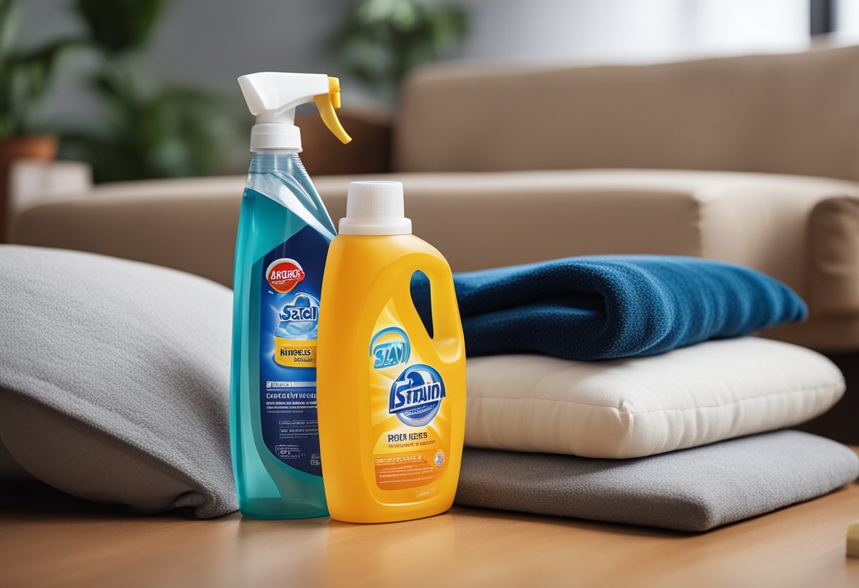 A bottle of stain remover sits next to a clean and well-maintained futon, surrounded by various cleaning products