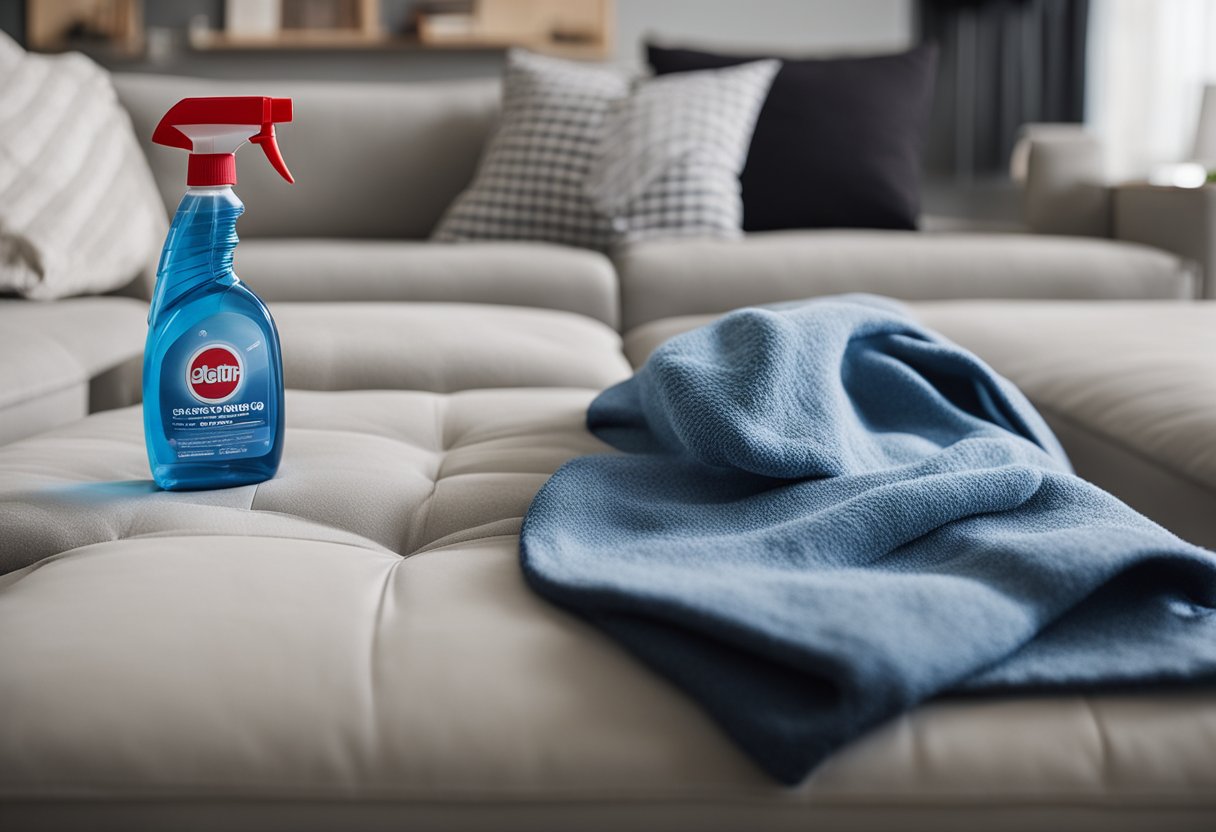 A person sprays cleaner on a futon, then wipes it down with a cloth. A bottle of cleaning solution and a cloth are nearby