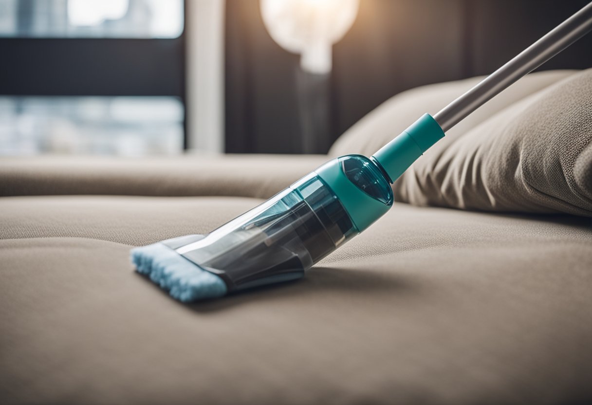 A bottle of fabric cleaner and a vacuum next to a futon. A brush and cloth for spot cleaning