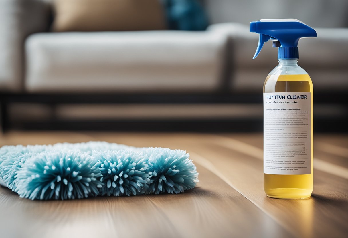 A bottle of futon cleaner sits next to a soft brush and a vacuum, with a FAQ sheet on maintenance