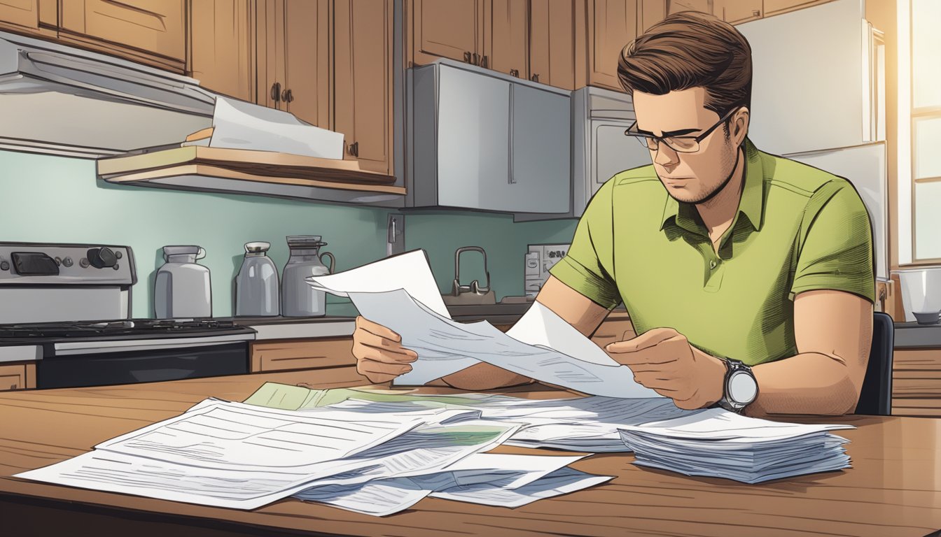 A stack of bills and a legal notice sit on a kitchen table, while a worried individual looks at their bank statement