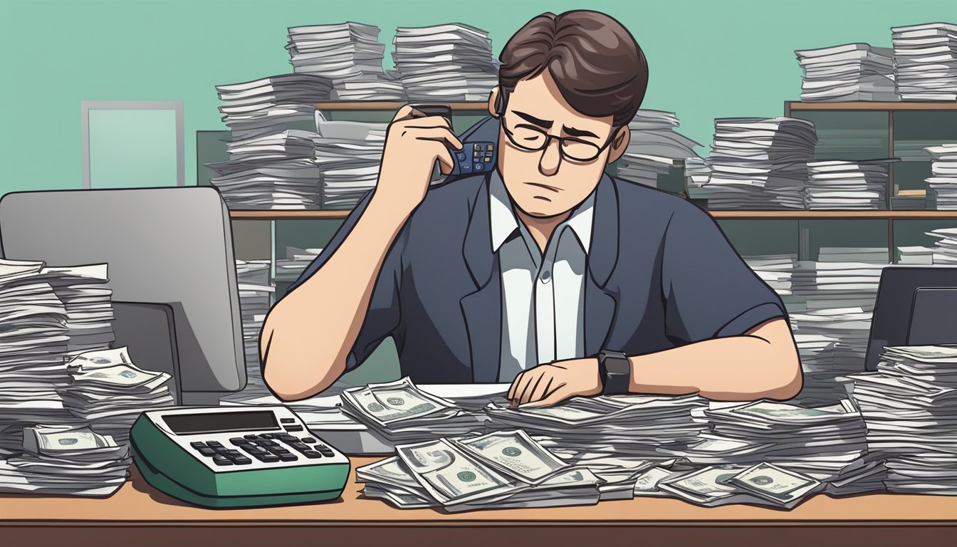 A stack of bills and a calculator on a desk, with a worried expression on a person's face