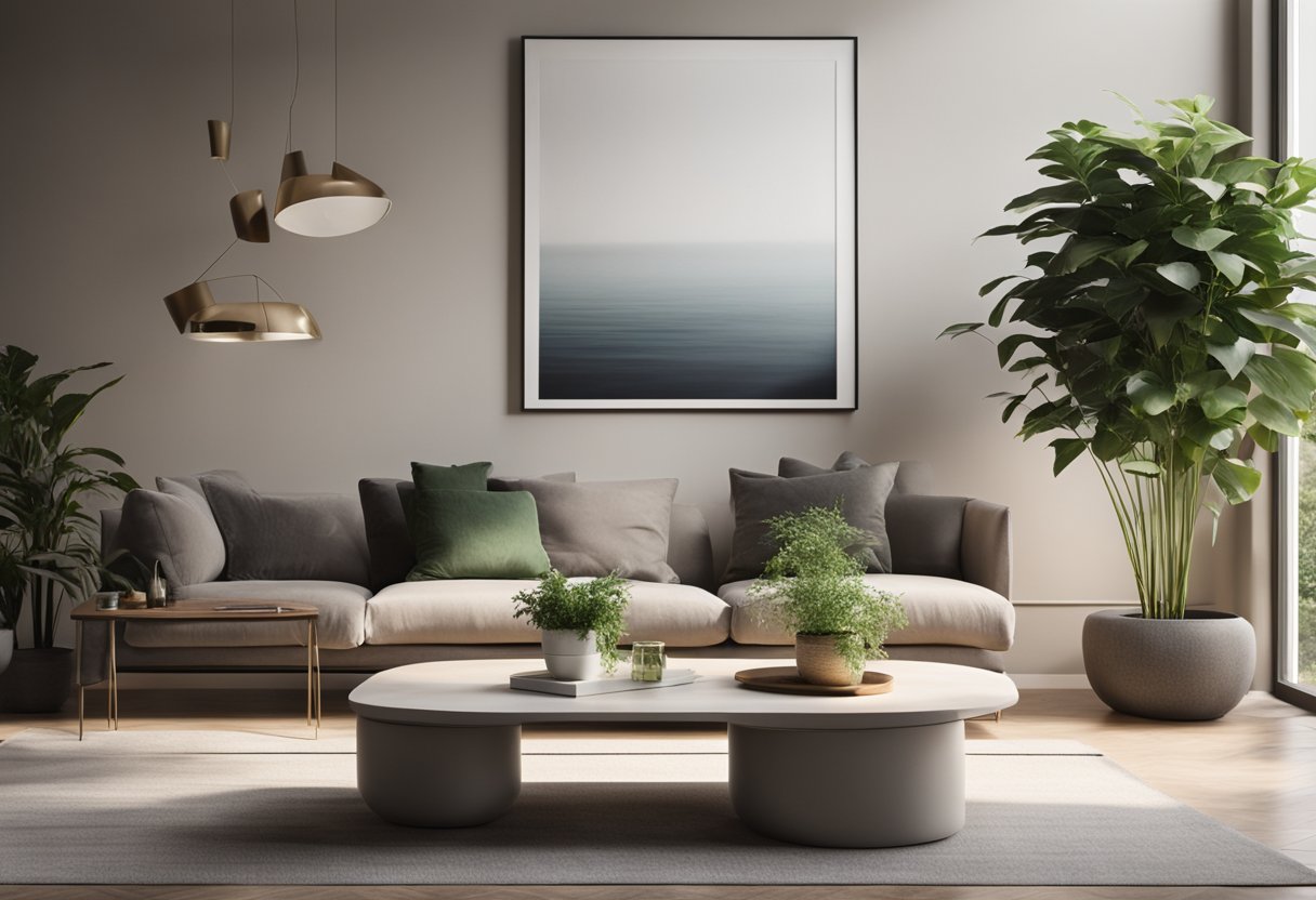 A modern, minimalist living room with sleek furniture, neutral colors, and natural lighting. A large, abstract art piece hangs on the wall, and potted plants add a touch of greenery