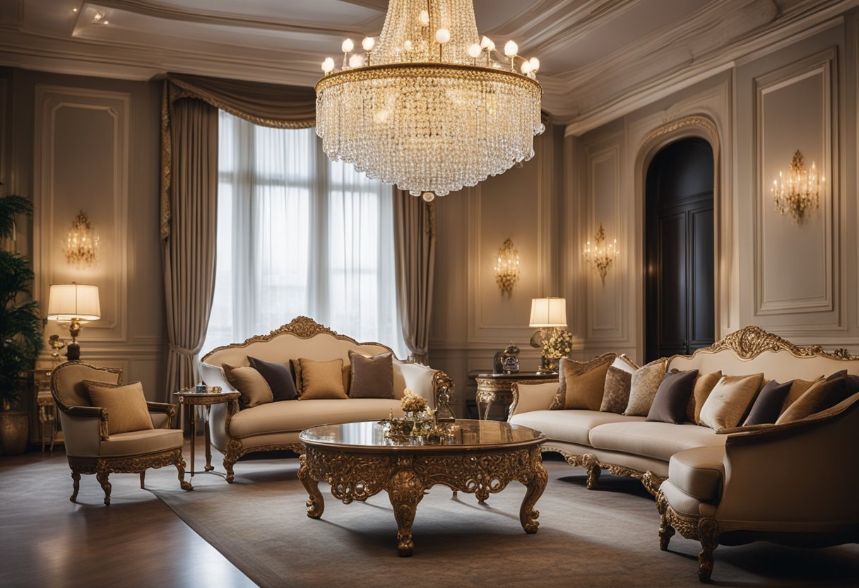 A grand chandelier illuminates a regal room with ornate furniture and luxurious fabrics, creating a timeless and elegant classic design interior