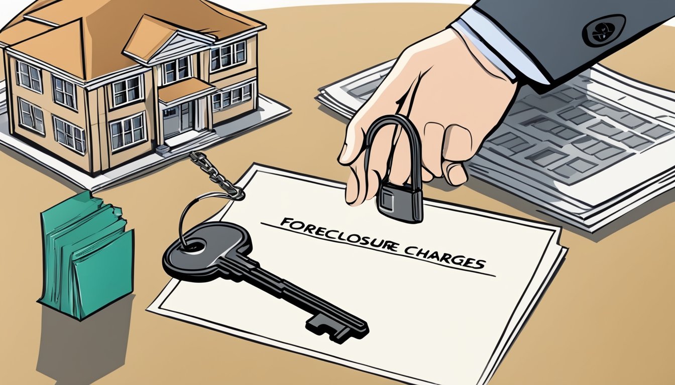 A house key being handed over to a bank representative, while documents with "foreclosure charges" are being signed