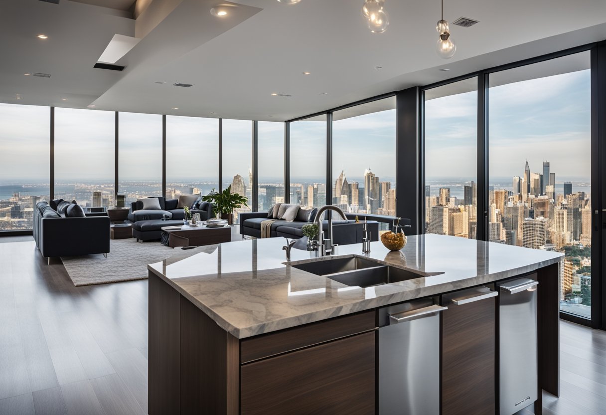 A modern living room with sleek furniture and large windows overlooking a city skyline. An open-concept kitchen with marble countertops and stainless steel appliances