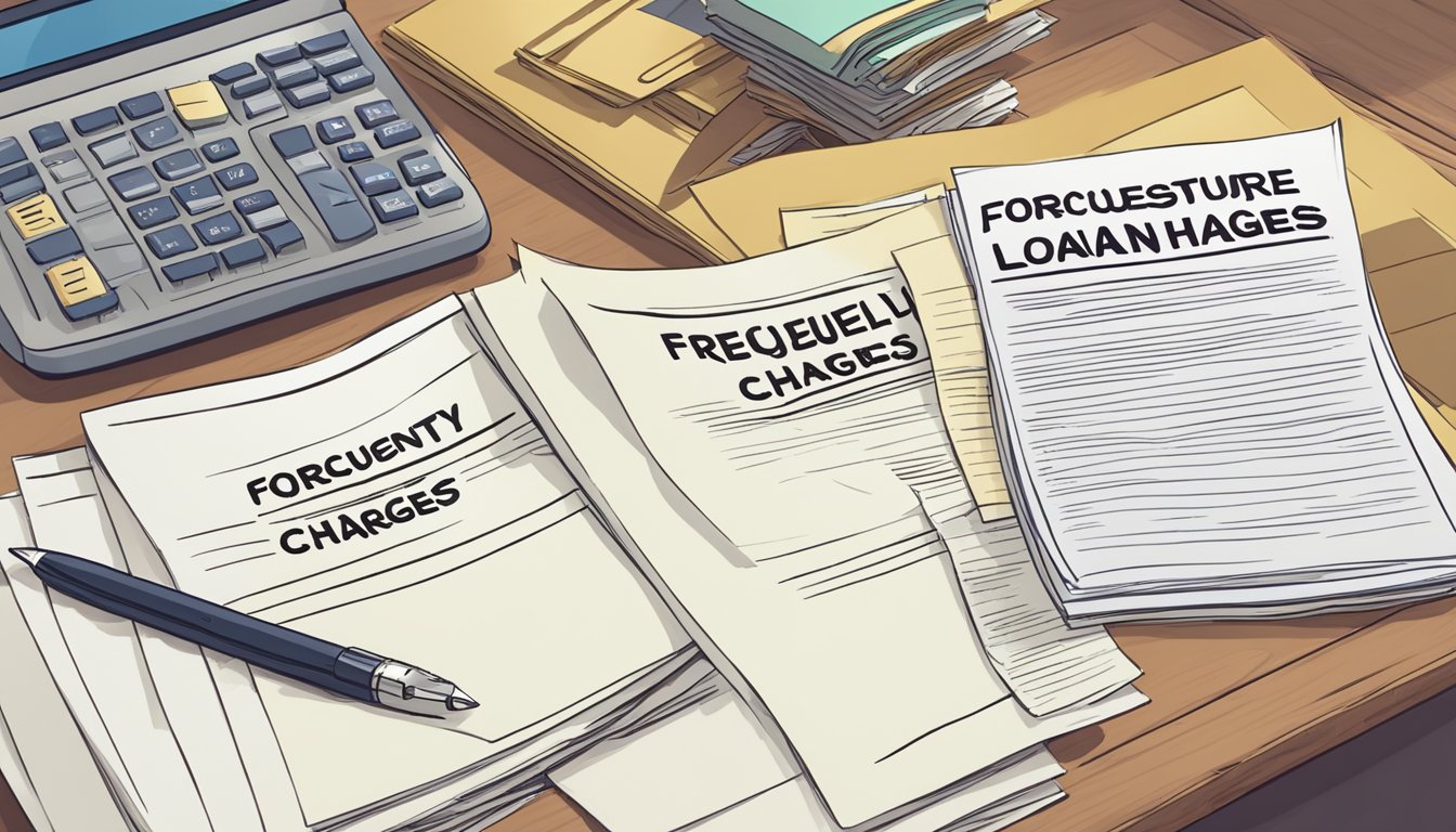 A stack of papers labeled "Frequently Asked Questions" with a headline "foreclosure charges on personal loan" on a desk