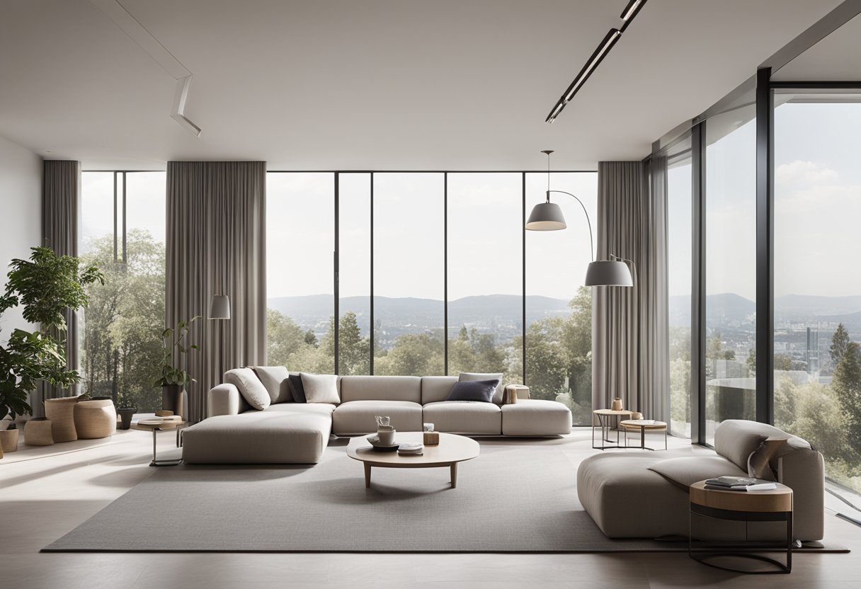 The modern, minimalist interior features sleek furniture, clean lines, and a neutral color palette. Large windows allow natural light to fill the space, creating a bright and inviting atmosphere