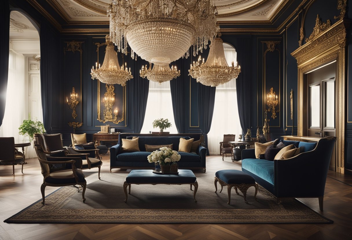 A grand, symmetrical room with ornate molding, elegant furniture, and a chandelier. Rich colors and luxurious fabrics create a sense of opulence