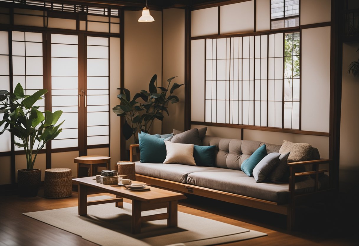 A cozy living room with a neatly made futon, surrounded by Japanese decor and a sign promoting futon rental services