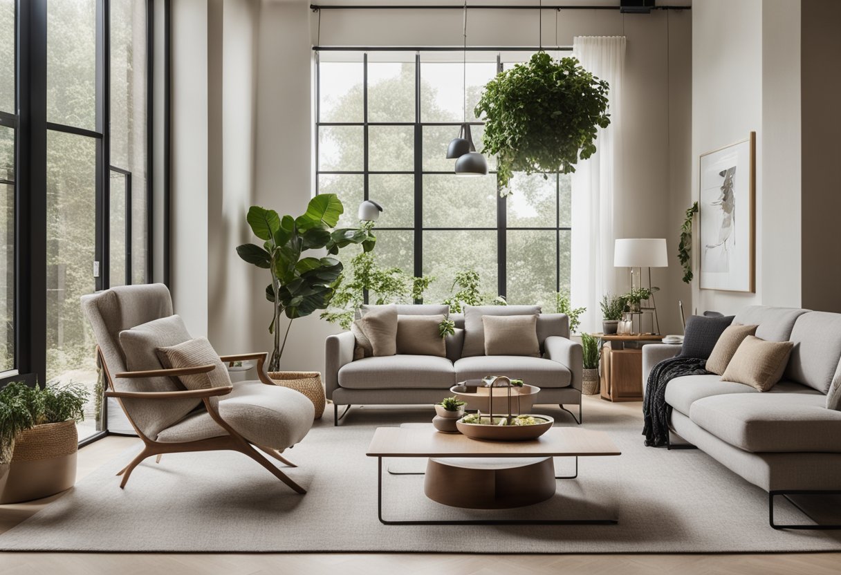 A modern living room with minimalist furniture, natural lighting, and a neutral color palette. Incorporating sustainable materials and indoor plants for a touch of biophilic design