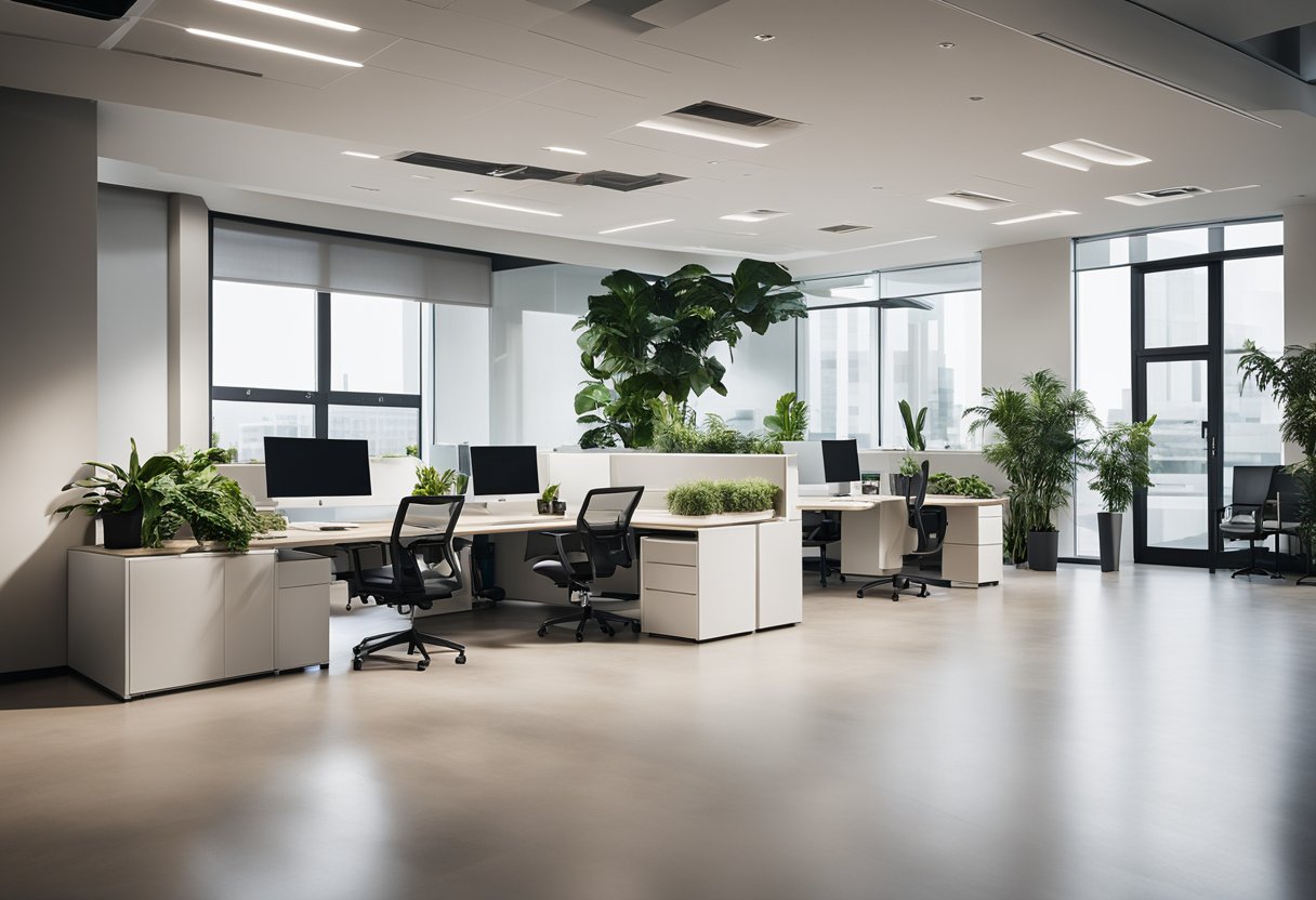 A spacious, modern office with large windows, minimalistic furniture, and a neutral color palette. Plants and artwork add a touch of warmth and personality to the space