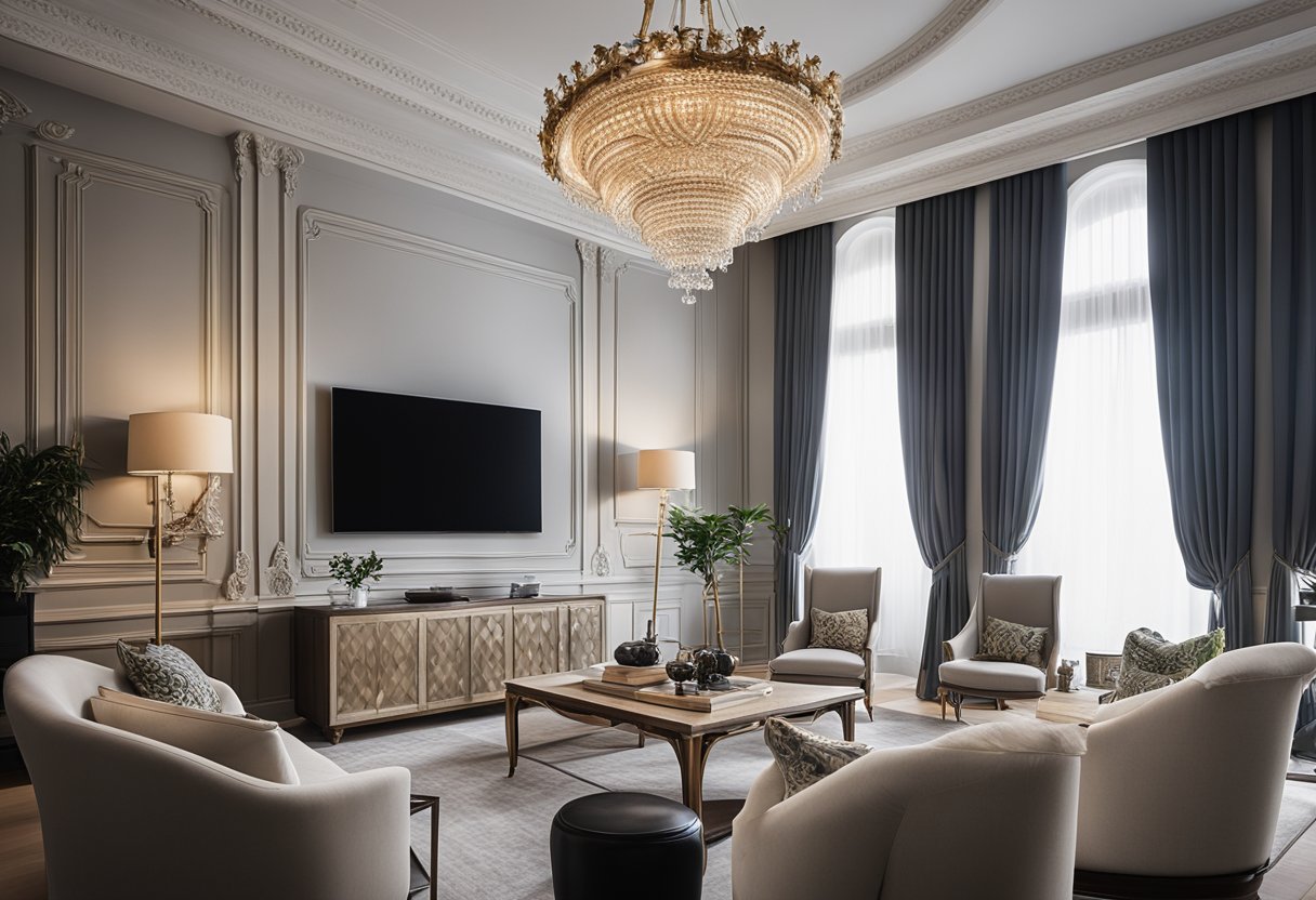 A modern living room with classic design elements: ornate moldings, elegant chandeliers, and antique furniture juxtaposed with sleek, minimalist decor