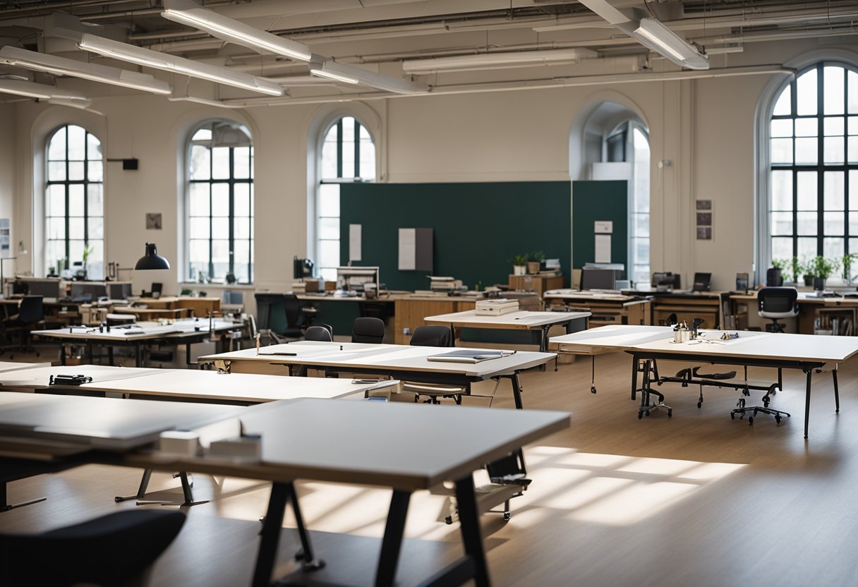 A spacious studio at Nottingham Trent University, filled with drafting tables, design models, and natural light