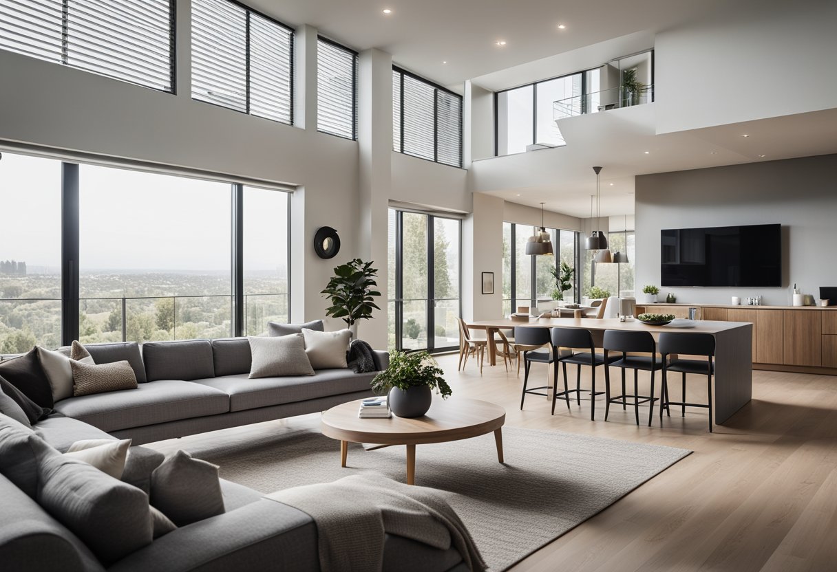 A sleek, open-concept living area with clean lines, neutral colors, and minimalist furniture. Natural light floods in through large windows, highlighting the sleek, functional design