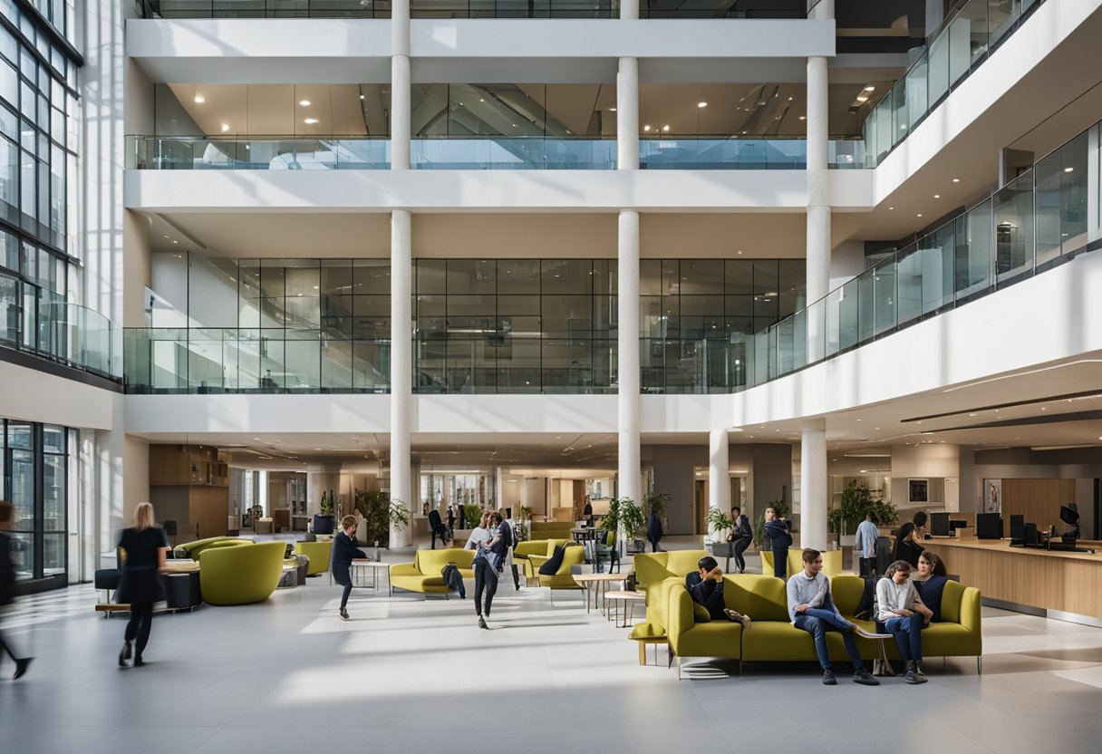 The bustling lobby of Nottingham Trent University's interior architecture and design department, with students and staff navigating through the open space and modern furnishings