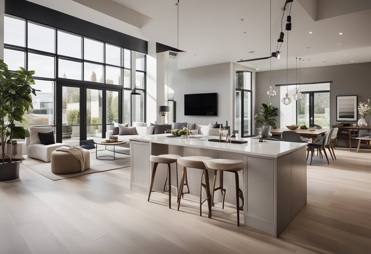 A sleek, minimalist modern townhouse interior with clean lines, neutral color palette, and integrated smart home technology. Open floor plan with natural light and high-end furnishings