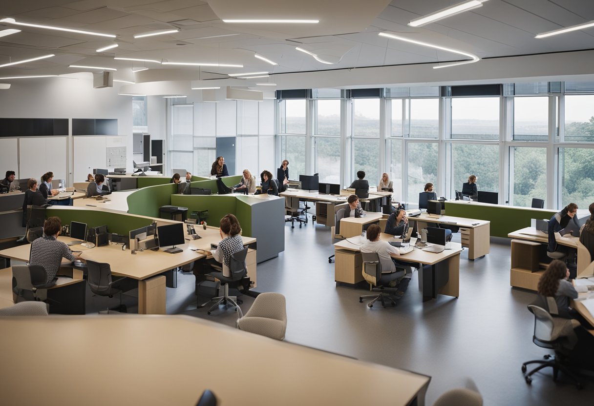 The bustling interior of Nottingham Trent University's interior architecture and design department, with students and faculty engaged in discussions and creative work