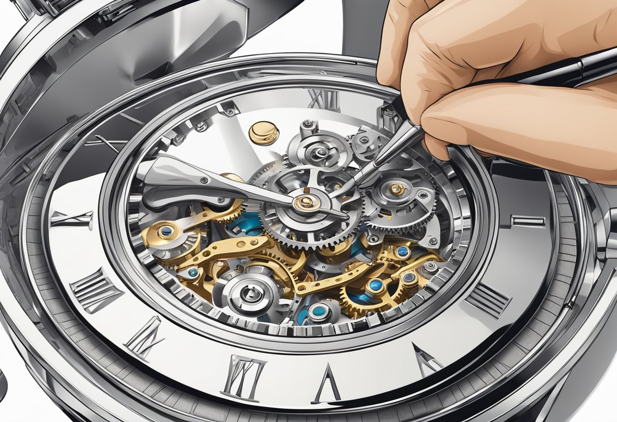 A watch being carefully cleaned and polished, with a focus on the intricate details and precision of the process