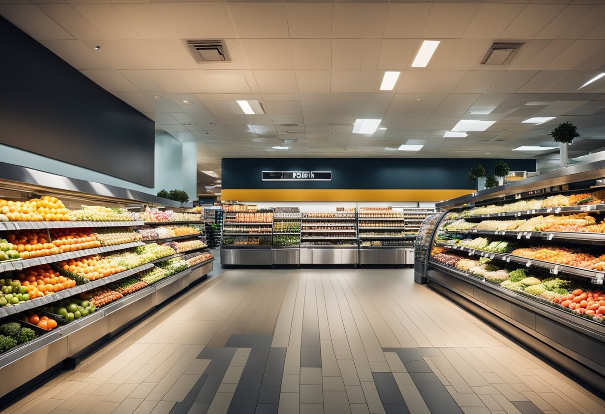 The supermarket interior features high ceilings, bright lighting, and wide aisles. The layout includes a deli counter, produce section, and checkout lanes