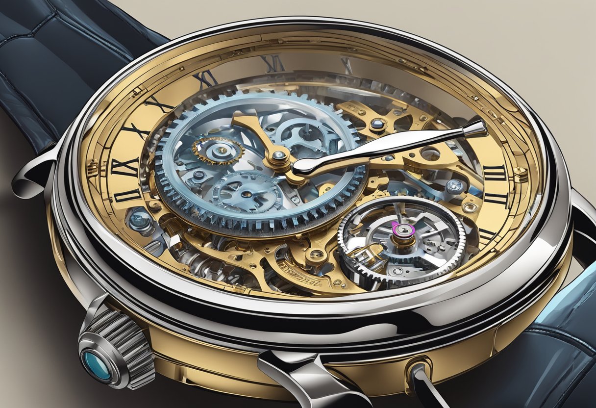 A watch being delicately cleaned and polished, with a magnifying glass highlighting the intricate details of its mechanism