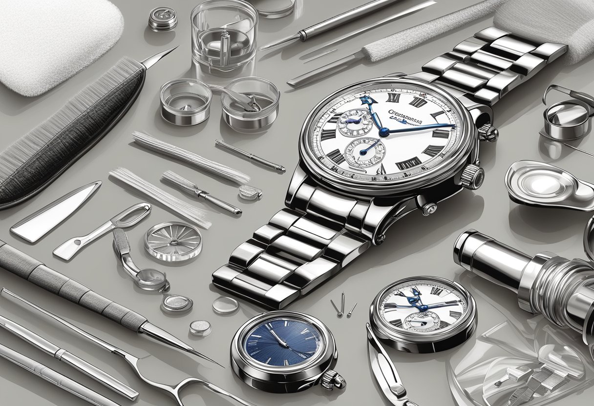 A watch being carefully cleaned and polished, with small tools and cleaning solutions nearby. The process is meticulous and methodical, emphasizing the importance of regular maintenance