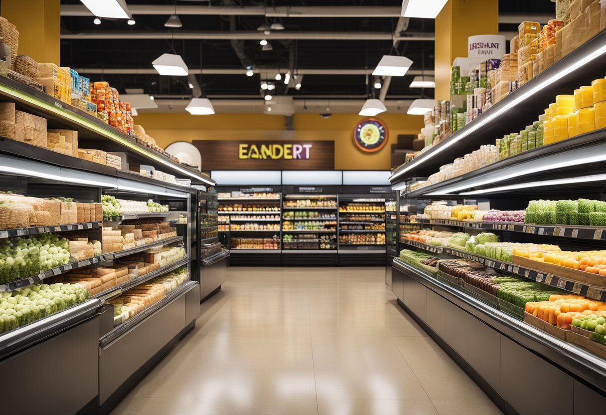 Bright, spacious aisles lined with shelves of colorful products. Modern lighting fixtures illuminate the clean, organized layout. Aisles lead to checkout counters and a deli section